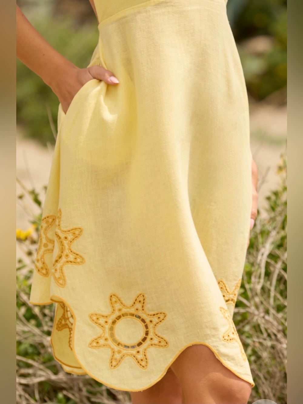 Celandine Linen Blend Halter Asymmetric Eyelet Sundress in Pineapple (M) - Picture 3 of 8